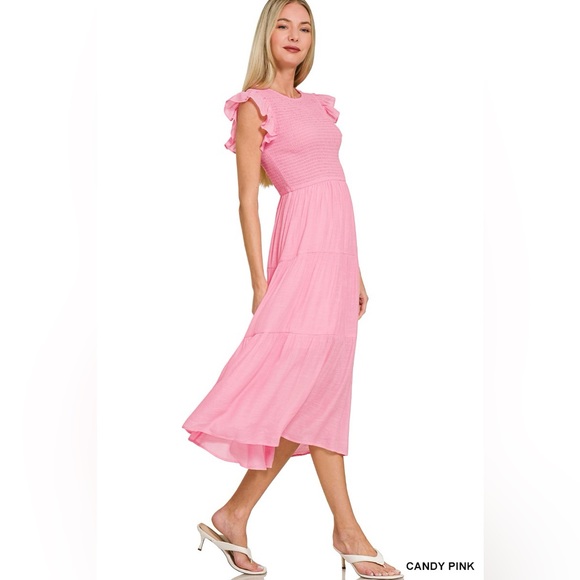 Zenana Woven Smocked Ruffle Sleeve Midi Dress - Picture 2 of 4